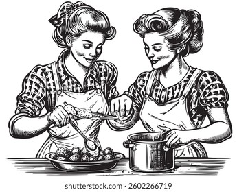 Detailed mother and daughter scene preparing Easter treats