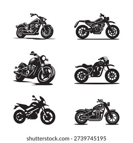Detailed motorcycle vector illustrations featuring cruiser, chopper and sport bikes isolated on white background for automotive and transport design projects.
