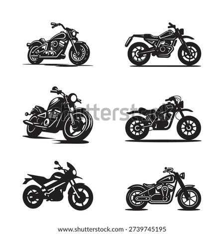 Detailed motorcycle vector illustrations featuring cruiser, chopper and sport bikes isolated on white background for automotive and transport design projects.