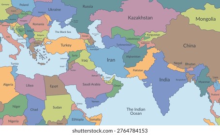 Detailed multicolored political map of the Middle East and nearby regions2. Vector flat background.