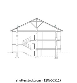 Detailed multi-storey building. Cross-section house. Vector black and white blueprint.