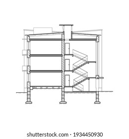 Edificio detallado de varias plantas. Casa de sección transversal. Plano blanco y negro vectorial.