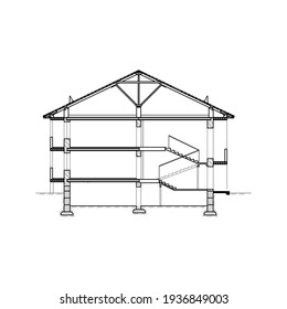 Detailed multi-storey building. Cross-section house. Vector black and white blueprint.