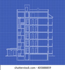 Detailed Multi-storey Building. Cross-section House. Vector Blueprint.