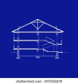 Detailed multi-storey building. Cross-section town house. Vector blueprint.