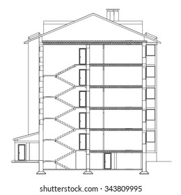  Detailed multi-storey building. Incision house. Vector illustration.