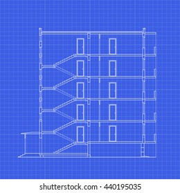 Detailed multistory building. Cross-section house. Vector blueprint. Architectural background.