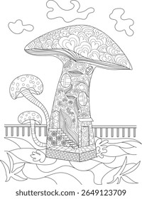 Detalhado Cogumelo Casa Linha Arte Ilustração para livros de colorir adultos, Tema de conto de fadas, e Relaxante Atividade Criativa.