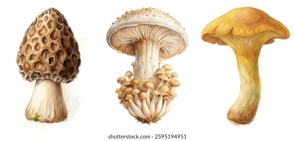 Detailed mushroom illustrations, natural colors, botanical style, educational purpose, artistic representation of fungi.