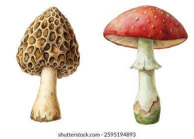 Detailed mushroom illustrations, realistic botanical art, artistic nature study, educational reference material, vibrant colors.