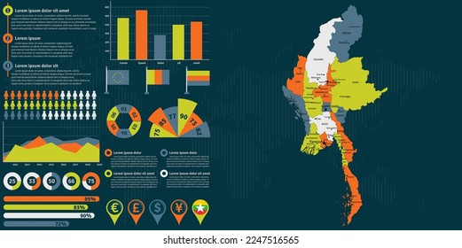 Detailed Myanmar map with infographic elements. Vector illustration.