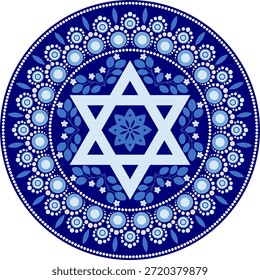 Mandala místico detallado con patrón de puntos y seis estrellas puntiagudas, Ilustración vectorial decorativa de punto