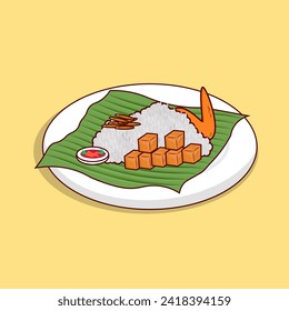 Detailed nasi lemak food illustration, rice is on wooden plate for food icon, nasi lemak as asian food vector illustration, traditional food indonesian icon, tofu, sauce, chicken