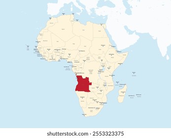 Detailed national location map of ANGOLA within the great continent of Africa