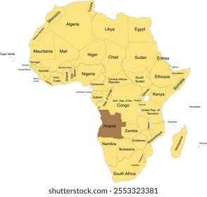 Detailed national location map of ANGOLA within the great continent of Africa