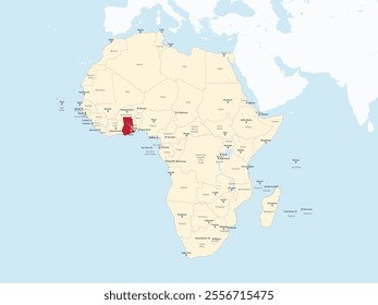 Detailed national location map of GHANA within the great continent of Africa