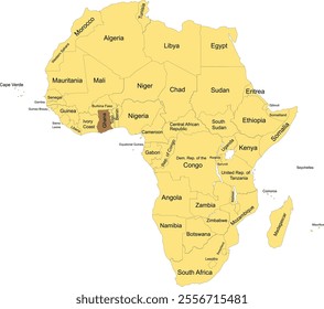 Detailed national location map of GHANA within the great continent of Africa