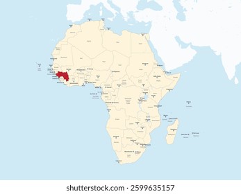 Detailed national location map of GUINEA within the great continent of Africa