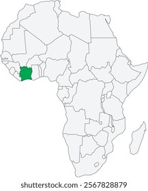 Detailed national location map of IVORY COAST (COTE D'IVOIRE) within the great continent of Africa