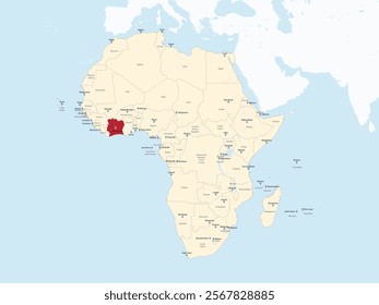 Detailed national location map of IVORY COAST (COTE D'IVOIRE) within the great continent of Africa