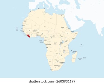 Detailed national location map of LIBERIA within the great continent of Africa