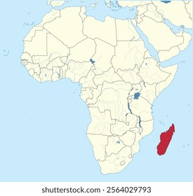 Detailed national location map of MADAGASCAR within the great continent of Africa