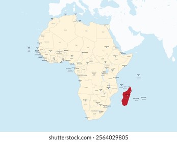 Detailed national location map of MADAGASCAR within the great continent of Africa