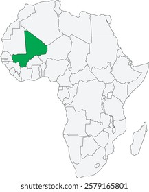 Detailed national location map of MALI within the great continent of Africa