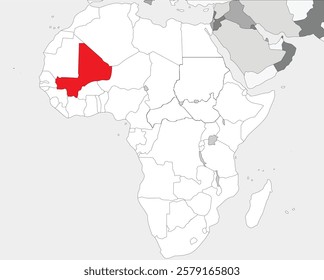 Detailed national location map of MALI within the great continent of Africa