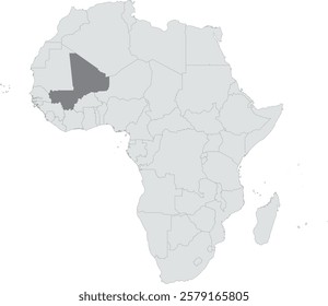 Detailed national location map of MALI within the great continent of Africa