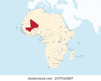 Detailed national location map of MALI within the great continent of Africa