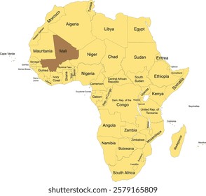 Detailed national location map of MALI within the great continent of Africa