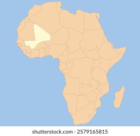 Detailed national location map of MALI within the great continent of Africa