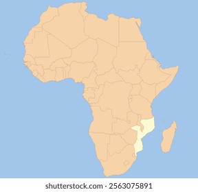 Detailed national location map of MOZAMBIQUE within the great continent of Africa