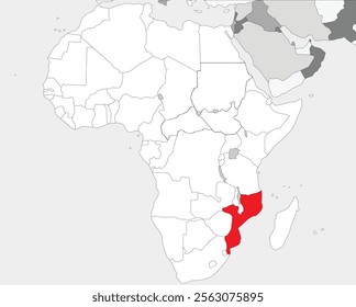 Detailed national location map of MOZAMBIQUE within the great continent of Africa