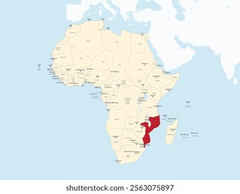 Detailed national location map of MOZAMBIQUE within the great continent of Africa