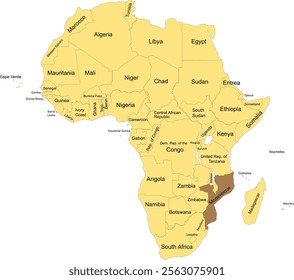 Detailed national location map of MOZAMBIQUE within the great continent of Africa