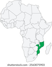 Detailed national location map of MOZAMBIQUE within the great continent of Africa