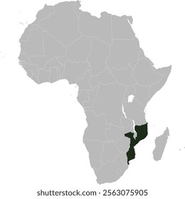 Detailed national location map of MOZAMBIQUE within the great continent of Africa