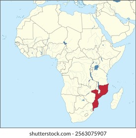 Detailed national location map of MOZAMBIQUE within the great continent of Africa