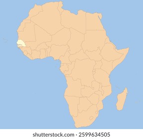Detailed national location map of SENEGAL within the great continent of Africa