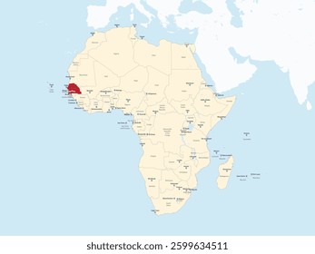 Detailed national location map of SENEGAL within the great continent of Africa