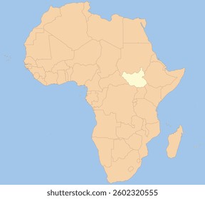Detailed national location map of SOUTH SUDAN within the great continent of Africa