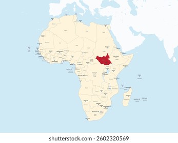 Detailed national location map of SOUTH SUDAN within the great continent of Africa