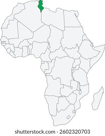 Detailed national location map of TUNISIA within the great continent of Africa