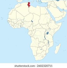 Detailed national location map of TUNISIA within the great continent of Africa