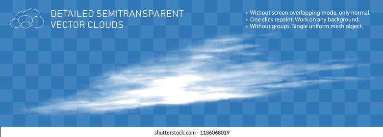 Detailed natural steam texture. Fountain clouds. Realistic transparent vector illustration. Light decoration for pattern. Gorizontal flow wind isolated. Real mesh grid technology.