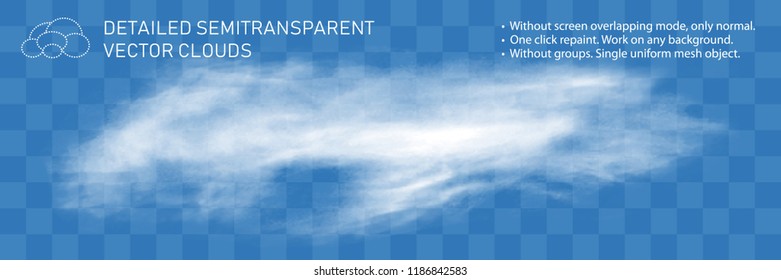 Detailed natural steam texture. Fountain clouds. Realistic transparent vector illustration. Light decoration for pattern. Gorizontal flow wind isolated. Real mesh grid technology.