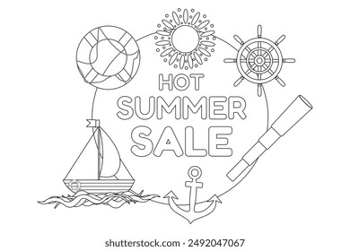 Detailed nautical-themed coloring page featuring Hot Summer Sale text with boat, sun, anchor, and lifebuoy elements. Perfect for summer sales promotions.