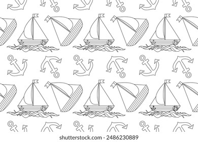 Detailed nautical-themed seamless pattern for coloring. Features anchors and sailboats in black and white. Perfect for kids and adult coloring activities.